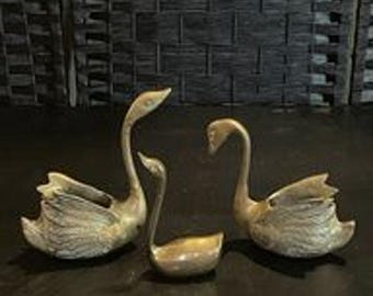 XL Brass Swans 28” and 21” Tall Hollywood Regency Brass