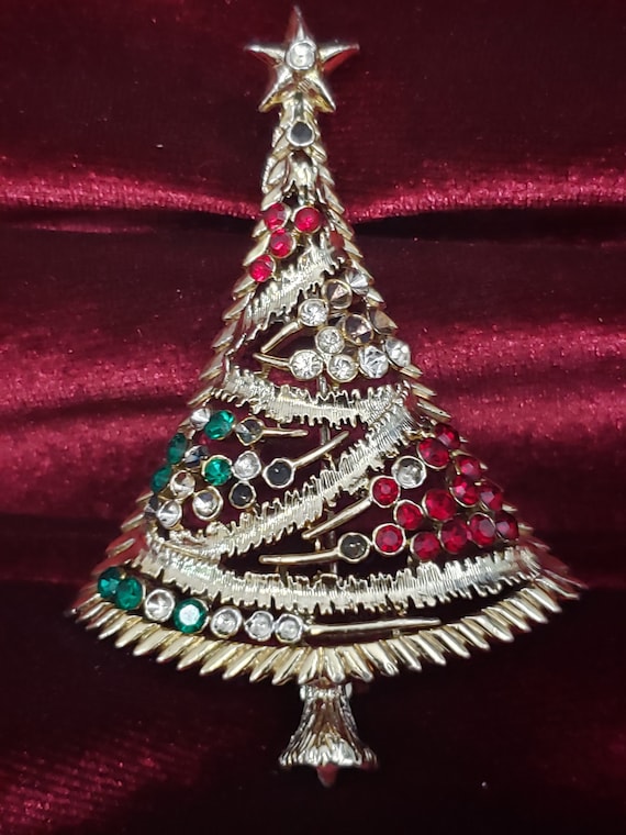 Vintage Lisner Signed Christmas Tree Brooch/ Pin w