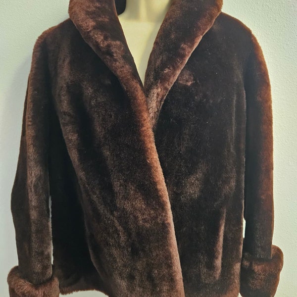 Vintage 1950's Plush Mouton Lamb Fur Coat Size M to L Rich Brown in Color
