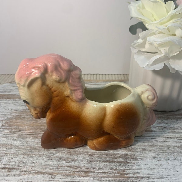 Vintage Pottery Horse MCM Brown with Pink Mane American Bisque Royal Copley Planter