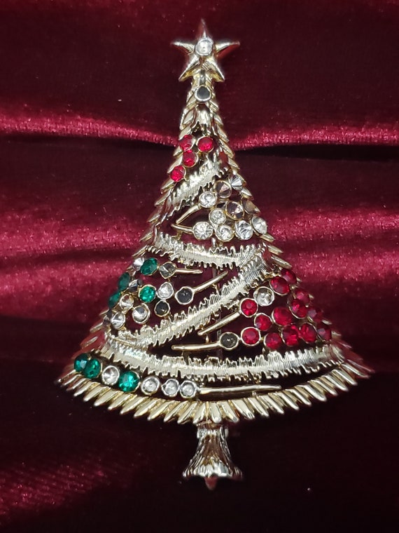 Vintage Sphinx Red Rhinestones & Enamel Christmas Tree Brooch - Book Piece