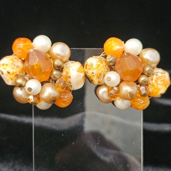 Vintage Orange, White, Gold & Tan Cluster Beaded Clip On Earrings. W. Germany