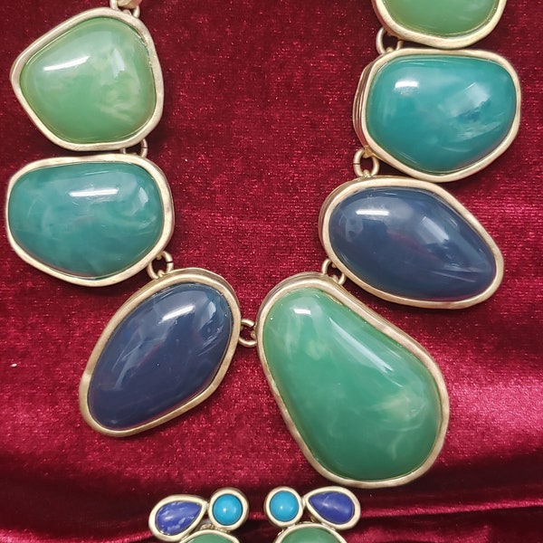 Vintage Chico's 16" to 20" Gold Tone Link Bib/Statement Necklace with Blue and Green Chunky Stones and Matching Clip On Earrings