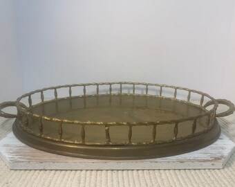 Mottahedeh Vintage Large Oval Brass Tray with Bamboo Motiffe and Decorative Handles 1970's MCM