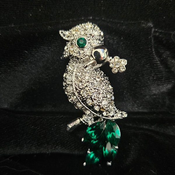 Vintage Stunning Cockatoo Brooch/Pin Encrusted with Crystal Rhinestones and Emerald Green Rhinestones