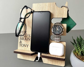 Personalized Phone Docking Station | Wood Stand Tech Desk Organizer | Fathers Day Gift | Docking Station Tech Accessory | Charging Stand