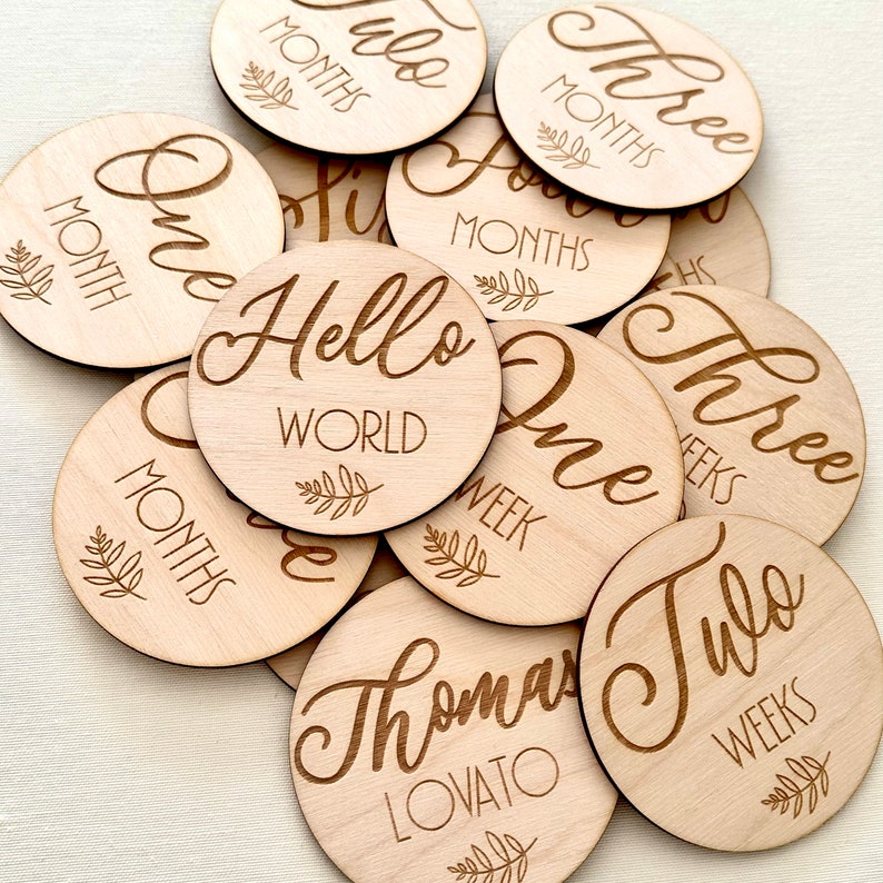 Wooden Monthly Milestone Marker , Hello World , Personalized Newborn Birth Photo Prop , Baby Monthly Milestone , Unique Gift For New Parents image 1