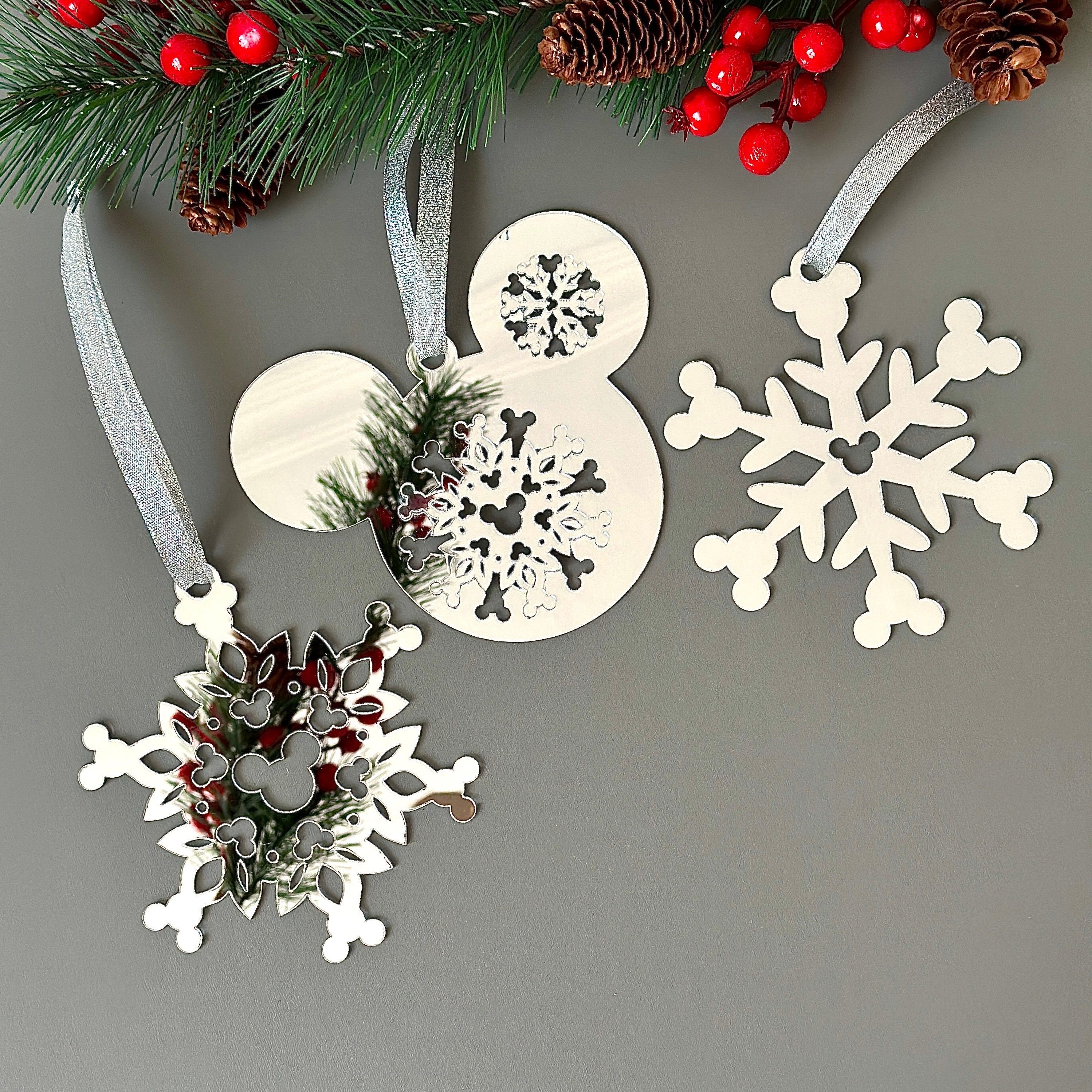 Set Of 3 , Disney Mickey Mouse Christmas Decorations , Snowflake and Mickey Mouse Christmas Ornaments , Happy New Year Christmas Ornaments