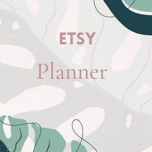 Op de afbeelding: Een planneromslag met een lichtgrijze achtergrond en een subtiel wit monstera-bladpatroon. Het ontwerp bevat abstracte donkergroene en saliegroene vormen met dunne zwarte lijntekeningen. De tekst ETSY Planner is gedrukt in een gedempte roze kleur.