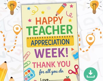 Peut inclure: Une carte imprimable avec un fond jaune et des illustrations colorées de fournitures scolaires. Le texte dit "Joyeuse Semaine de l'appréciation des enseignants ! Merci pour tout ce que vous faites. Avec amour..."