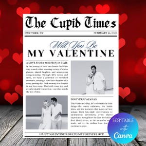 Periódico personalizado para el día de San Valentín / Carta de amor personalizada / Plantilla de Canva editable / Regalo romántico para él y para ella ¿Quieres ser mi Valentín?