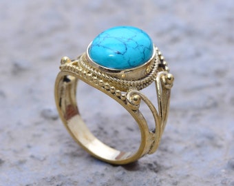 Türkiser Ring, Messingring, Edelsteinring, handgefertigter Schmuck, Boho-Ring, Statement-Ring, zierlicher Ring, Ehering, einzigartiger Ring