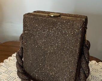 Vintage 1940s Du Bonnette Beaded Box Purse, Bronze Caviar Bead Evening Handbag with Accordion Satin Lining, Mid Century Art Deco Top Handle