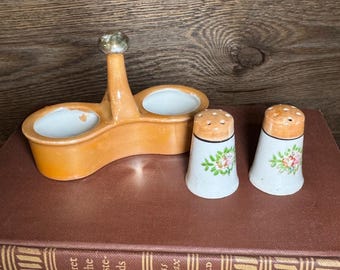 Vintage Miniature Salt & Pepper Shakers with Tray, Lusterware Floral Orange and White Shakers with Holder, Japan
