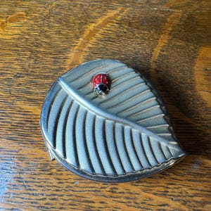 Vintage Estée Lauder Ladybug Leaf Compact No Powder 2 3/4" Enamel Metal, "Ladybug on a Gold Leaf" Compact