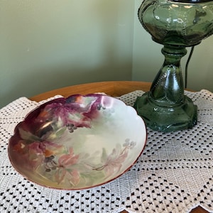 Antique, Favorite Bavaria, Handpainted Fine Porcelain 8.75&quot; Diameter Bowl, Purple Berries, Signed, Decorative Shabby Chic