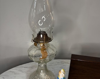 Vintage Kerosene Clear Glass Oil Lamp with P&A Eagle burner 17” tall, Clear Ribbed Pedestal, Hurricane included, Thomaston, CT, USA, EAPG