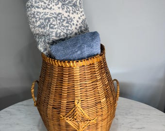 Vintage Large Floor Thai Basket, Tribal Basket, Rattan Basket, Thai Handicraft Bamboo Basket & Rattan Multi-Purpose, Large Size 12" H