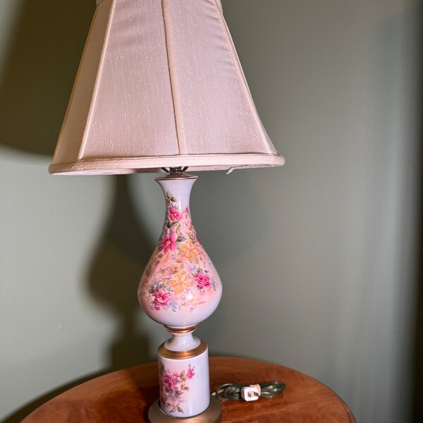 Vintage table Lamp /Hand painted Porcelain Lamp/Hand painted Flowers / Signed/Bedroom or living room Lamp