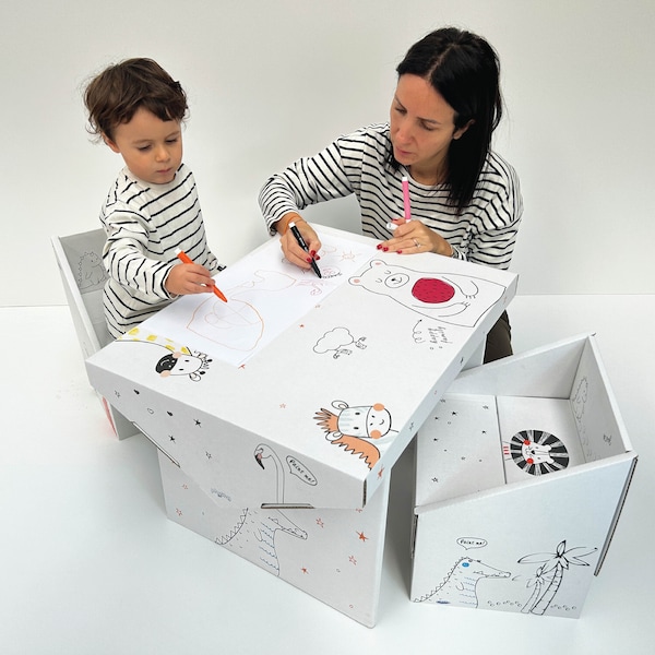 Kids' Cardboard Chair and Table Set, Ecofriendly & Interactive Toddler Activity Desk, Playgroup Gift, Ages 1-8, Kid's Party Furniture