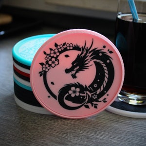 Sakura Dragon Coasters – Stackable Coaster Set of 4, Fun Dragon Designs, Fantasy Home Decor, Gift for Dragon and Chinese Culture Lovers