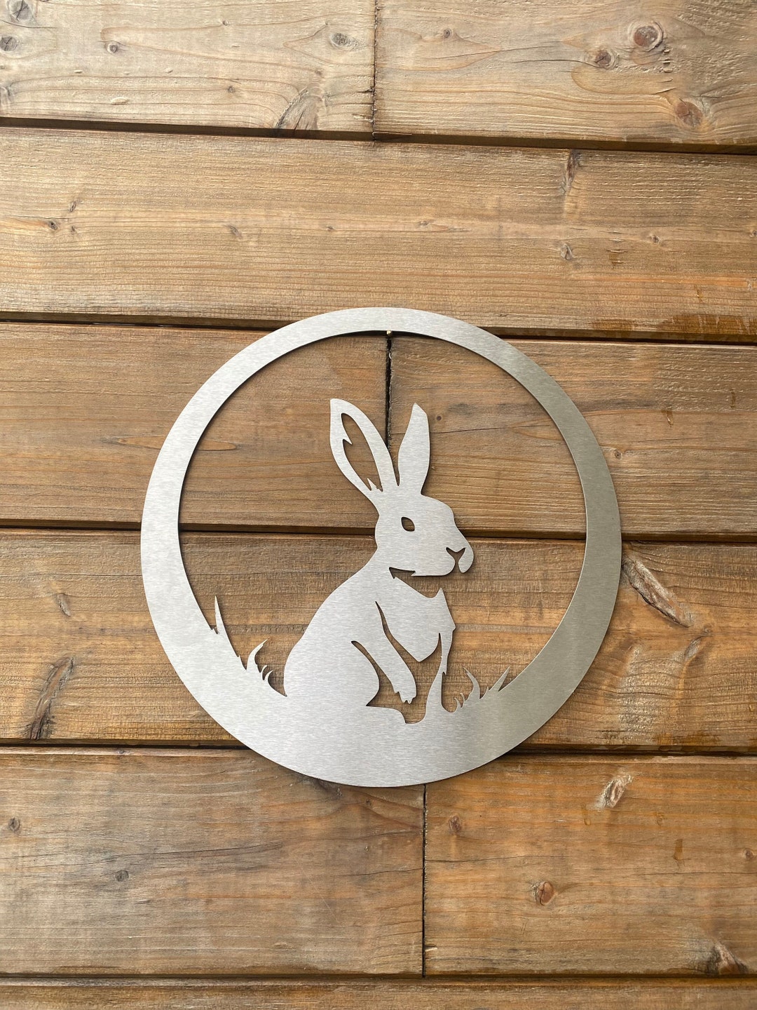 Lasercut Brushed Stainless Steel Plate Rabbit Motif in the Countryside