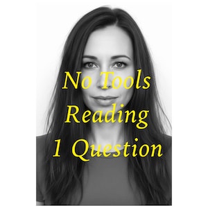 May include: A black and white portrait of a person with long dark hair, featuring the yellow text overlay that reads No Tools Reading 1 Question centered across the face. The subject has a neutral expression and is wearing a plain t-shirt.