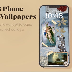 Pode incluir: Um papel de parede para telefone em colagem inspirado na arte renascentista e barroca. O papel de parede apresenta um fundo azul com imagens de um casal se abraçando, uma escultura de duas figuras e uma pintura de paisagem. O papel de parede também inclui elementos decorativos como folhas douradas, renda e uma bússola.