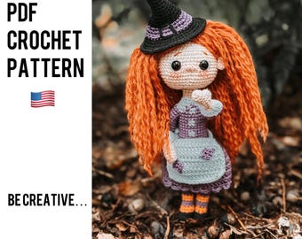 Crochet Halloween Witch Doll Pattern, Amigurumi Little Witch (PDF)