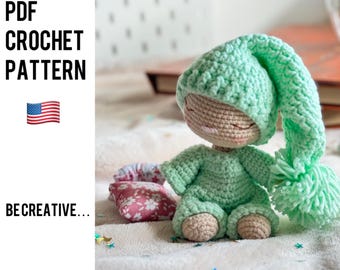 Virkat mönster för sömnig babydocka - Pyjamas Amigurumi (PDF-handledning).