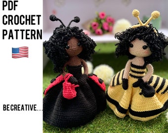 crochet doll pattern, amigurumi doll pattern, ladybug and lady bee crochet dolls