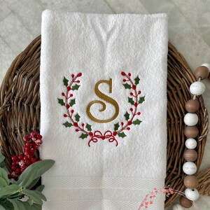 Personalized Christmas Hand Towel: Embroidered Wreath Monogram