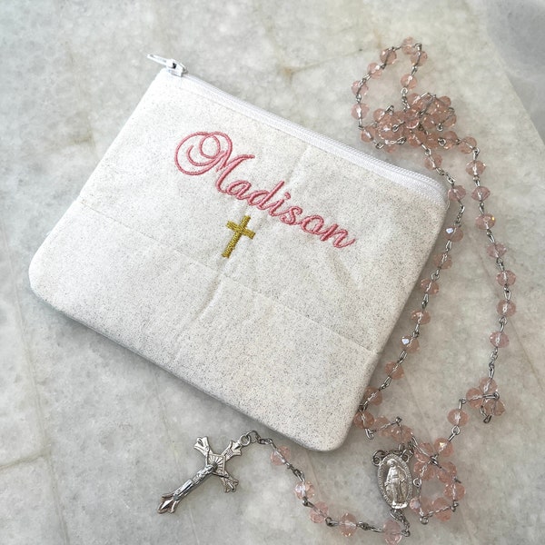 Personalized Rosary Bead Zipper Pouch, Communion and Baptism Gifts, Religious