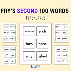 100 flashcard stampabili sulle parole della seconda vista di Fry, parole sulla vista della scuola materna di 1° grado, flashcard con parole ad alta frequenza