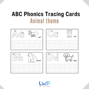 26 ABC Animal themed Phonics Tracing Cards. Preschool- Kindergarten Handwriting and Phonics