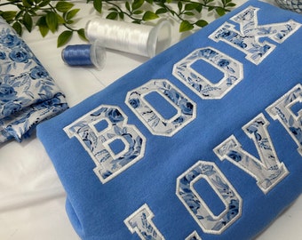 Blue floral fabric embroidered book lover sweatshirt, readers gift, book sweatshirt