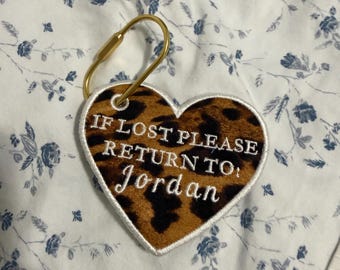 Lost Return Personalized leopard Embroidered Bag Tag, Custom Name Luggage Tag, Cute Heart Travel Tag, Kids Backpack tag