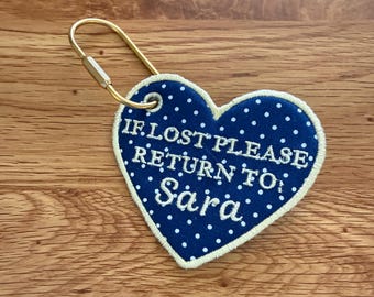 Lost Return Personalized Embroidered Bag Tag, Custom Name Luggage Tag, Cute Heart Travel Tag, Kids Backpack tag