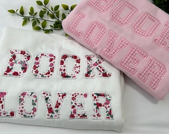 Floral heart fabric embroidered book lover sweatshirt, Valentine’s Day