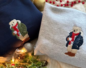 Embroidered Winter Bear Sweatshirt, Cozy Holiday Bear Crewneck, Christmas Gift Sweatshirt, Cottagecore Winter Unisex Pullover