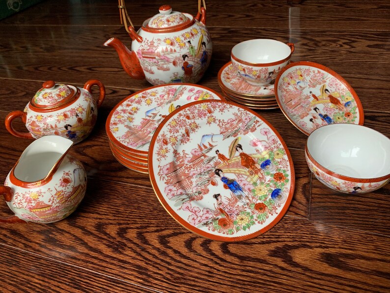 Vintage Japanese Porcelain Tea Set Plates, Tea Pot, Sugar Bowl, Teacups