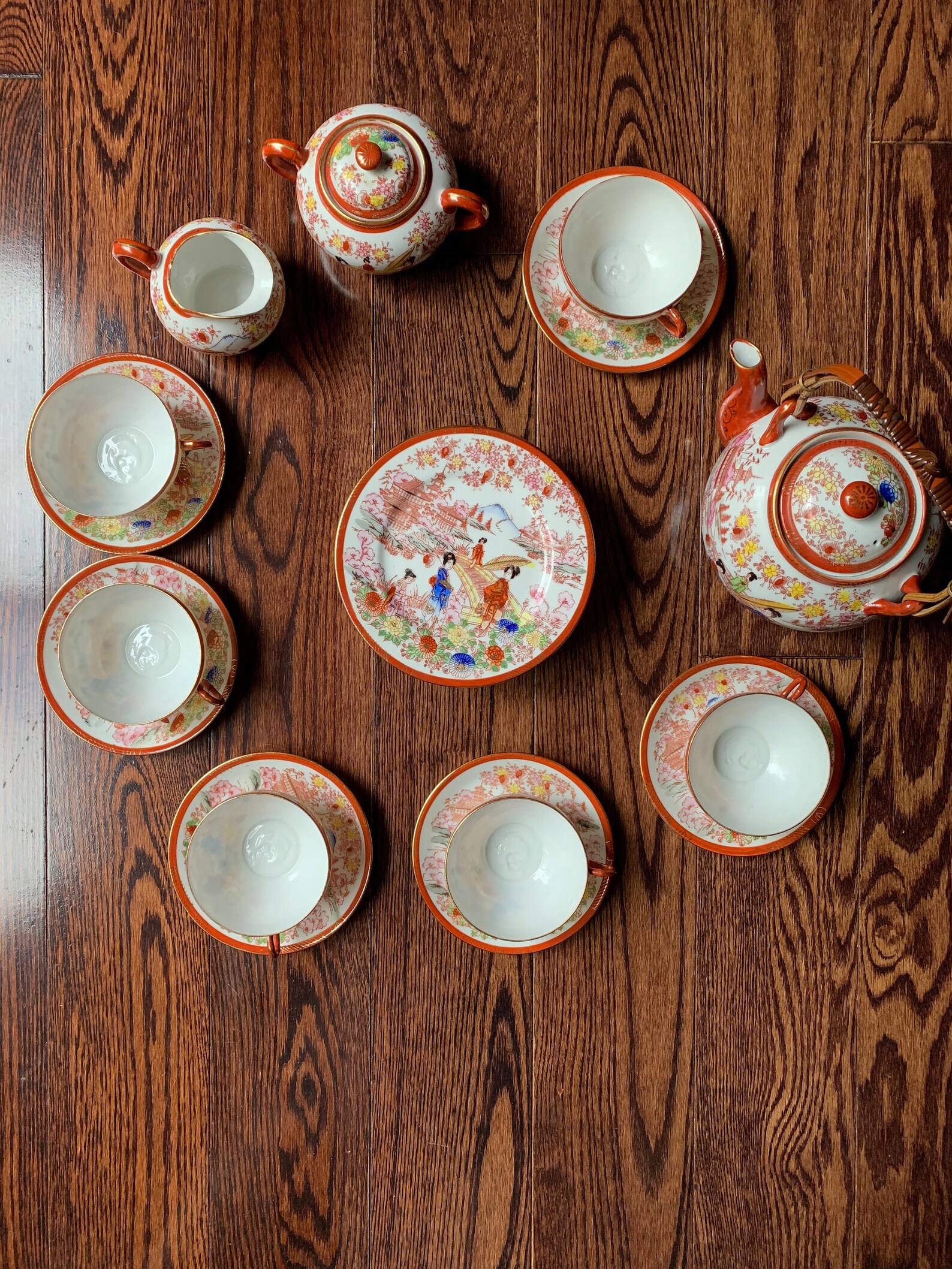 Vintage Dinner Set with Yellow Red Bands Rose Kikusui China:  Dinner Salad Plates, Soup Plates, Cups Saucers, Creamer/Sugar
