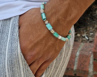 May include: A bracelet made of turquoise, white, and gold beads. The bracelet is on a person's wrist.