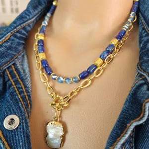 Lapis Lazuli Necklace, Stylish Natural Stone Necklace Natural Pearl Chain Necklace, Featured Beaded Jewelry,Handmade Birthday Gift for Women