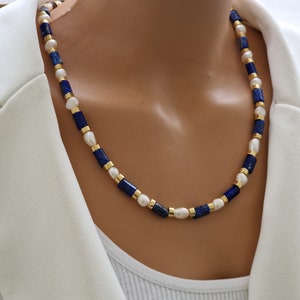 Lapis And Pearl Necklace,Lazuli Necklace, Beaded Jewelry, Gift for Her, Gemstone  Stone,Unique Anniversary Gift,