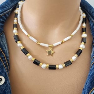 Freshwater Pearl Necklace: Black Tourmaline, Mother of Pearl Star