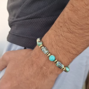 African Peruvian Turquoise Bracelet - Flexible Chrysocolla Healing Stone - Green Anxiety Relief, Balancing Spiritual Crystal Jewelr