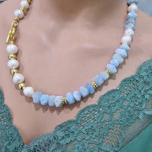 Aquamarine baroque pearl bird stone necklace Handmade jewelry Thick flashy unusual necklace Large beaded necklace women&#39;s gift for her gift