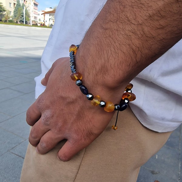 Natural Drop Amber Bracelet, Hematite Accents, Beautiful Yellow Stone Jewelry, Elegant Beads, Unique and Stylish Gift Idea for Everyone