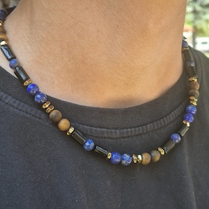 Protection Lapis Lazuli Choker Necklace Hematite Stone And Matte Tiger Eye Black Tourmaline Stone Necklace Men/Women Necklace Gift For Her